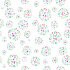 Seamless pattern of circles formed from the watercolor floral elements on a white background