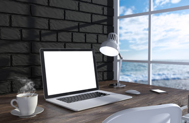 3D illustration laptopand work stuff on table near brick wall