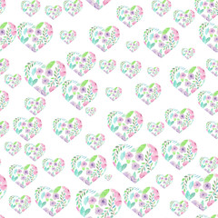 Seamless pattern of hearts formed from the watercolor floral elements on a white background