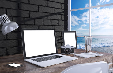 Fototapeta premium 3D illustration laptopand work stuff on table near brick wall