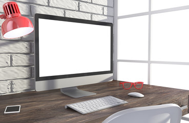 Fototapeta premium 3D illustration PC screen on table in office, Workspace