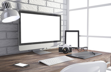 Fototapeta premium 3D illustration PC screen on table in office, Workspace