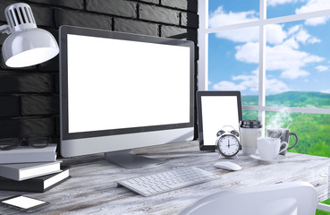 Fototapeta premium 3D illustration PC screen on table in office, Workspace