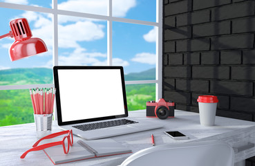 3D illustration laptopand work stuff on table near brick wall