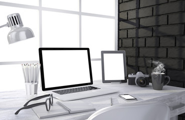 3D illustration laptopand work stuff on table near brick wall