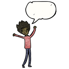 cartoon happy dancing boy with speech bubble