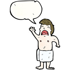 cartoon man in towel with speech bubble
