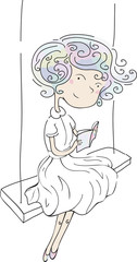 Vector vertical illustration of a young girl sitting on swing, with book, colored, pastel, cute
