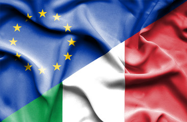 Waving flag of Italy and EU