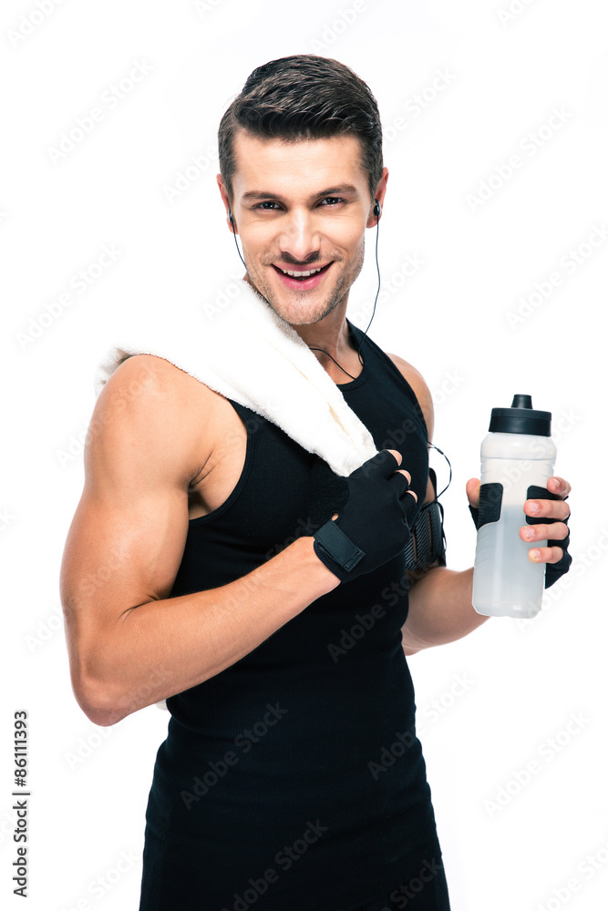 Canvas Prints Happy sports man holding towel and bottle with water