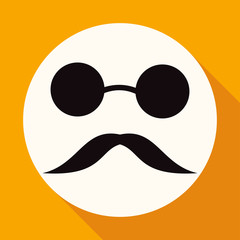 Bowler hat and moustache on white circle with a long shadow