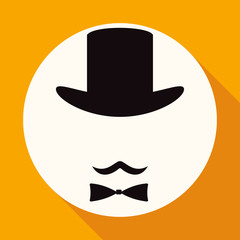 Bowler hat and moustache on white circle with a long shadow