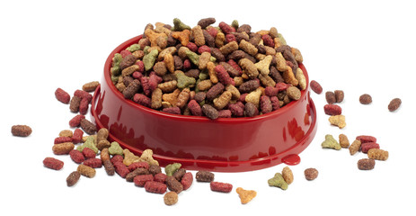 Multicolored dry cat or dog food in red bowl isolated on white b