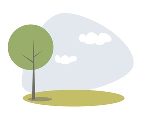 Flat vector park or grove with tree, clouds, sky and grass illustration