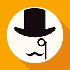 Bowler hat and moustache on white circle with a long shadow