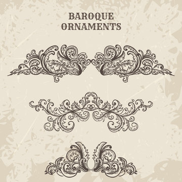 Antique And Baroque Cartouche Ornaments Vector Set. Vintage Architectural Details Design Elements On Grunge Background In Sketch Style