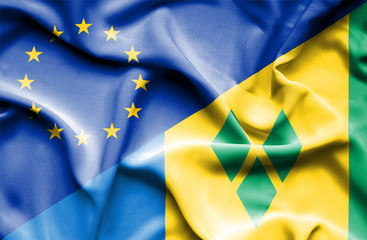 Waving flag of Saint Vincent and Grenadines and EU