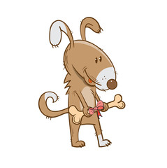 Card with  a cute cartoon puppy who gives the bone tied with a tape.