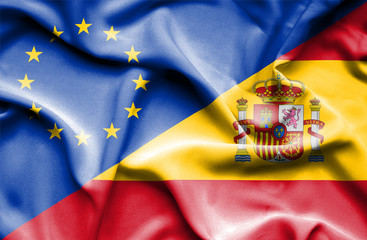 Waving flag of Spain and EU