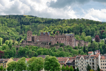 Fototapeta na wymiar Heidelberg Castle in Wooded Hills Overlooking Town