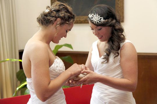 two brides getting married exchange rings