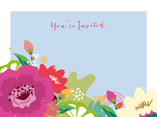 Invitation card with flowers and white frame. Vector.