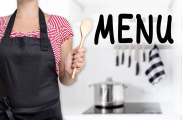 Menu cook holding wooden spoon background