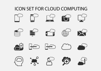 Simple vector icon set of cloud computing symbols. Mobile devices in the cloud