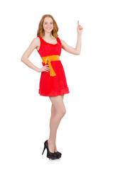 Young nice girl pointing isolated on white