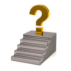 Golden question mark sign on brown stairs 