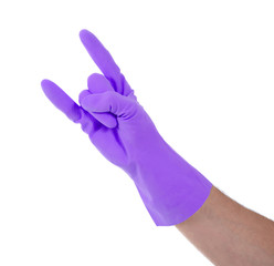 Hand in rubber gloves gesturing, close up