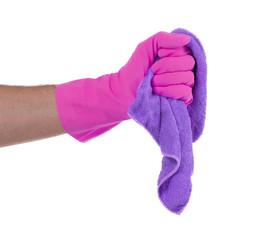 Hand wearing rubber glove and hold rag(mop)