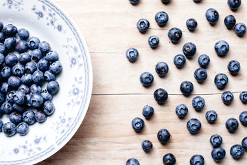 fresh juicy blueberry on plate and wood table top view