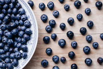 fresh juicy blueberry on plate and wood table top view