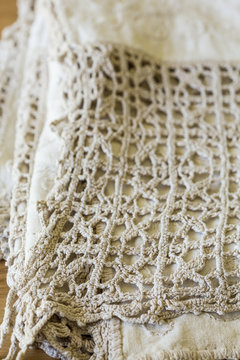 Vintage Beige tablecloth with crochet lace