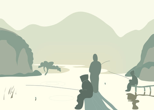 Best time of life, nibble fish place. Fishing on the lake in the mountains. Vector
