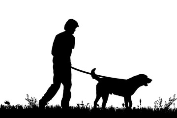 Vector silhouette of a man with a dog.