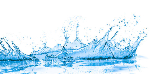 blue water splash with a reflection isolated on white background