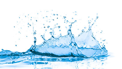 blue water splash with a reflection isolated on white background
