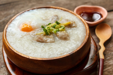 Porridge with egg and liver.