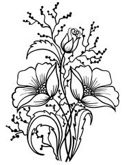 Arrangement of flowers black and white. Outline drawing of lines