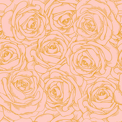 Beautiful seamless background of pink roses with a gold outline in vintage style