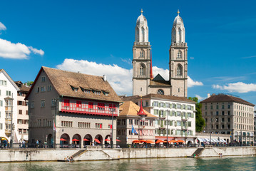 View of Zurich city center; the church in the background is the cathedral