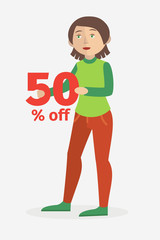 vector/ woman holding 50 % off sign