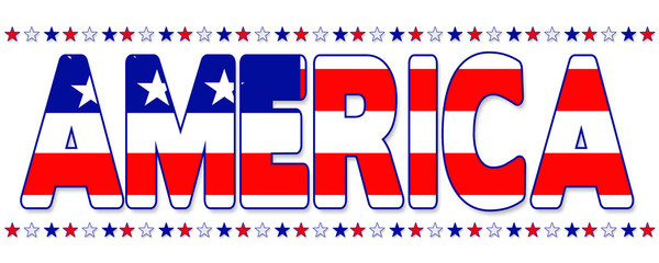 American graphic banner in usa flag with red white and blue and stars and stripes.  Text - AMERICA