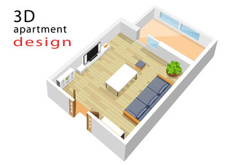 3d isometric floor plan for apartment. Vecto illustration of Modern isometric living room interior.