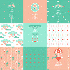 Set of nine Wedding/Love Seamless Vector pattern & Invitation cards