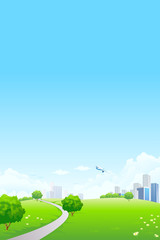 Green landscape with city