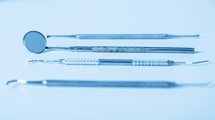 Set of metal medical equipment tools for teeth dental care