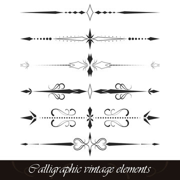 Set of calligraphic vintage elements, borders, dividers or page decor. Vector illustration.